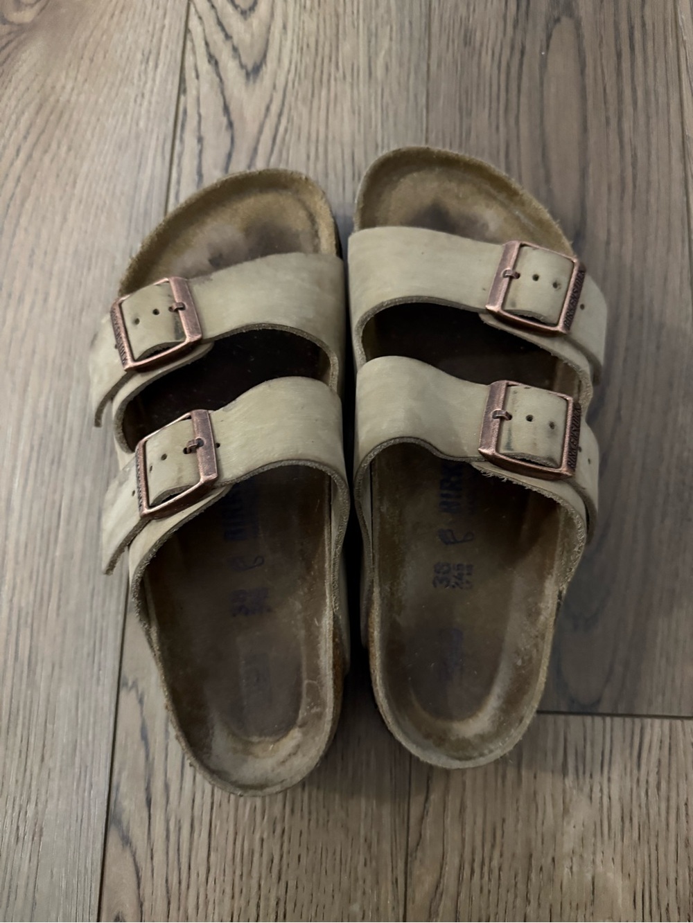 Birkenstock Arizona Taupe Nubuck Leather Sandals – Size 38 (With Flaws)